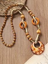 baratos Colar Feminino-Colar feminino boêmio com pingente de madeira, longo, com contas, estilo statement, com pingente de elefante, peixe e flores. Joia artesanal em madeira, ideal para férias, praia, festivais, viagens e
