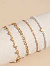 voordelige Damesarmband-Dames enkelbandjesset van 4 stuks in boho-stijl, goudkleurige legering enkelbandjes met hartvormige bedeltjes en witte kralen, zomerse strandvakantie sieraden voor vrouwen