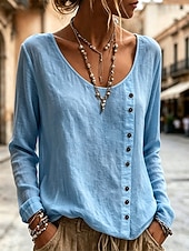  Women's Shirt Blouse Buttons Solid Color Daily Stylish Casual Long Sleeve Crew Neck Regular Tops Casual yellow-green Black White Navy Blue Sky Blue Summer Spring