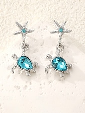 abordables Pendiente de mujer-Pendientes colgantes de tortuga marina para mujer, de aleación de plata, con estrella de mar y cristal azul, ideales para vacaciones, cruceros, resorts, fiestas de verano y bodas costeras.