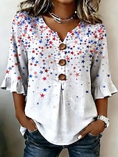  día de la independencia americana Mujer Camisa Botones Estampado Graphic Bandera Estrella Vintage Elegante Manga 3/4 Escote en Pico Tops regulares Casual Diario Festivos Azul Piscina Blanco Rojo Azul