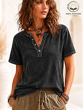  Per donna 100% cotone Maglia Henley Grafico Bandiera Semplice Vintage Moda Elegante Manica Corta Henley Top Regolari Casuale Spiaggia Blu Nero Viola Arancione Rosso rosa Estate Primavera