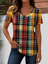  Mujer Camiseta Estampado Graphic Plaid A Rayas Elegante Clásico Casual Manga Corta Escote en Pico Tops regulares Casual Diario Azul Piscina Rosa Naranja Verde Trébol Verano Primavera