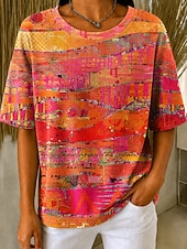  Femmes Tee-shirt Gaufre Tops tricotés texturés Graphique Géométrique Rayé Élégant Classique Manche Courte Col ras du cou Col rond Hauts Réguliers Occasionnel Quotidien Bleu Rouge Orange Bleu clair