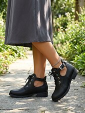 voordelige Botas de combate-Women's Black Cutout Low Heel Combat Boots – Lace-Up Ankle Boots with Adjustable Side Buckle and Durable Non-Slip Sole for Travel and Casual Wear