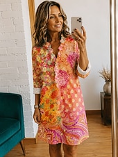  Mujer Vestido hasta la Rodilla Vestido de cambio Vestido informal Elegante Vacaciones Playa Festivos Ajuste regular Graphic Cachemir Manga Larga Escote en Pico Azul Piscina Blanco Naranja Verano