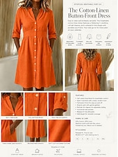 preiswerte Kleider-Damen Knielanges Kleid Baumwoll-Leinen-Kleider Hemdblusenkleid Elegant Urlaub Klassisch Täglich Büro Urlaub Normale Passform Einfach Langarm V Ausschnitt Rote Marineblau Orange Sommer Frühling