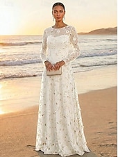 cheap Floor Length-A-Line Dress Floor Length Party Dress Cocktail Dress Mother of the Bride Dress Long Sleeve Crew Neck Elegant Vintage Luxurious Formal Wedding Guest Engagement Party Lace Tulle with 3D Flowers Pleats
