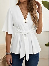 economico Bluse Semplici-Per donna Camicia Nodo frontale Volant Semplice Elegante Quotidiano Mezza Manica Manica a Palloncino Scollo a V Top lunghi Casuale All'aperto Blu Nero Bianco Arancione Rosa Estate Primavera