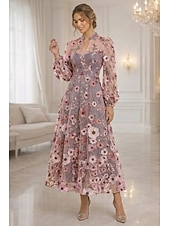 voordelige Enkel Lengte-A-lijn Tot de enkel Kanten jurk Moeder van de bruid jurk Lange mouw V-hals Elegant Vintage Luxueus Formeel Bruiloft gast Bruiloft Kant Tule met 3D-bloemen Borduurwerk Bloem