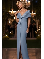 abordables Vestidos de noche ajustados-Funda Columna Hasta el Suelo Vestido formal Vestido de noche Vestidos de noche Elegante Estilo de Celebridad Manga Corta Hombros Caídos Fiesta de Noche Boda con Botones Abertura Chal