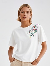 abordables Hauts brodés artisanaux-T-shirt floral brodé 100 % coton pour femmes T-shirt d'été élégants vintage tropicaux à manches courtes col rond haut régulier décontracté quotidien plage blanc été printemps automne hiver