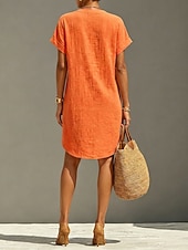  Femmes Robe Longueur Genou Robes en lin ancien Quotidien Mince Uni Manche Courte Col en V Kaki Rouge Orange Été