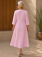  Women's Cotton Linen Midi Dress A Line Dress Summer Dress Casual Regular Fit Plain 3/4 Length Sleeve V Neck Pink Summer Spring