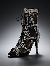 voordelige Danslaarzen-Women's Black Sparkle Rhinestone Ballroom Dance Boots – Black Mesh Latin Dance Heels with Lace-Up Design &amp; Back Zipper for Salsa, Tango, Bachata &amp; Stage Performance