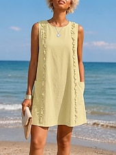 cheap Plain Dress-Women's Knee Length Dress Linen-feel Dresses Shift Dress Vacation Daily Loose Fit Pure Color Sleeveless Crew Neck Blue Coffee brown yellow-green Black Summer