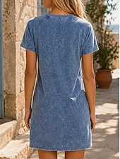 economico Vestito bianco-Per donna Abito al ginocchio Abito lavato 100% cotone Essenziale Classico Quotidiano Vacanza Vestibilità regolare Semplice Manica Corta Girocollo Blu Estate Primavera