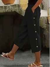  Women's Capri Pants Straight Casual Daily Comfort Calf-Length High Waist Solid Color Patchwork Pocket Button Comfort Inelastic Casual Vacation Black Navy Blue Brown Military Green Summer Spring Loose