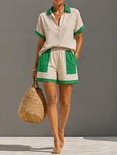 abordables Ensembles-Femmes Ensembles en coton et lin Ensembles deux pièces Manche Courte Col de chemise Patchwork ancien Occasionnel Quotidien Kaki Vert Été Coupe Ample