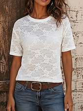  Damen Spitzentops Spitze Netz Blumen Grafik Elegant Mode Kurzarm Rundhalsausschnitt Normale Oberteile Lässig Weiß Schwarz Rosa Sommer Frühling