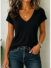 abordables Plain tee-Women's Oversized T Shirt Tee Top Solid Color Elegant Stylish Short Sleeve V Neck Regular Tops Casual Daily Black White Pink Purple Apricot Summer Spring