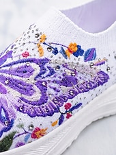 baratos Ténis de mulher-Tênis slip-on feminino roxo vibrante com estampa de borboletas - calçado esportivo leve com plataforma e detalhes em strass. &amp;Tênis casual de malha respirável, ideal para caminhadas leves e passeios