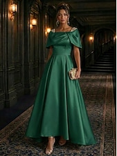 abordables A-Line Evening Dresses-A-Line Asymmetrical Evening Gown Elegant Glittering Mother Of The Bride Short Sleeve Square Neck Wedding Formal Satin Cowl Back with Pleats Crystals Beading