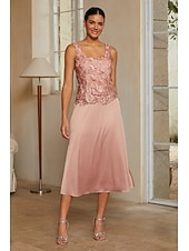 cheap Polished Edit-Women's A-Line 2-Piece Dress Sets Cocktail Dress Wedding Guest Dress Tea Length Crew Neck Sleeveless 3/4 Length Sleeve Illusion Sleeve Elegant Mother Of The Bride with Satin Lace Floral Combo Splicing