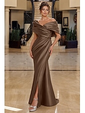 abordables Robes de soirée fourreau-Sirène Trompette Longueur au sol Robes de Bal Robe de Soirée Tenue de soirée Élégant Style Célébrité Tapis rouge Sans manches Épaules Dénudées Soirée Fête de jardin Satin avec Froncé Fente