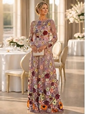 preiswerte Bodenlänge-A-Linie Kleid Bodenlang Brautmutterkleid Langarm Rundhalsausschnitt Elegant Vintage Einfach Formell Hochzeitsgast Semi-Formal Spitze Tüll mit 3D-Blumen Stickerei Applikationen
