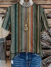 abordables T-shirt Boho-Camiseta de mujer estilo western boho con estampado floral, gráfico geométrico, vintage, elegante, informal, manga corta, cuello redondo, cuello en V, crop tops, casual, diario, fin de semana, verde