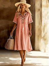  Per donna Abito Midi Abiti effetto lino Vestito Casual Elegante Moda Moderno All'aperto Vacanza Uscire Vestibilità regolare Floreale Mezza Manica Scollo a V Rosa Estate Primavera