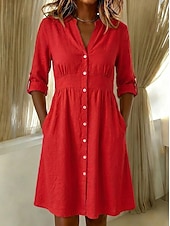 preiswerte Kleider-Damen Knielanges Kleid Baumwoll-Leinen-Kleider Hemdblusenkleid Elegant Urlaub Klassisch Täglich Büro Urlaub Normale Passform Einfach Langarm V Ausschnitt Rote Marineblau Orange Sommer Frühling