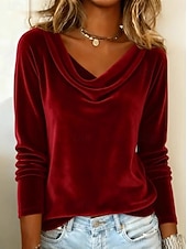 voordelige Effen t-shirt-Damesblouse van fluweel met colkraag en lange mouwen, elegante raglanmouwen, zachte velours, casual, chique tuniek.