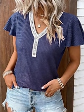  Mulheres Camiseta T-shirt Renda Patchwork Côr Sólida Elegante Moda Estilo bonito Manga Curta Mangas Evasê Decote V Tops regulares Casual Preto Rosa Vinho Azul Marinha Marron Verão Primavera