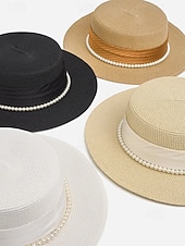 cheap Women's Hats-Women's Flat Top Straw Boater Hat, Pearl Trim Summer Sun Hat, Multiple Colors, Elegant Wide Brim Vacation Beach Hat for Travel, Resort, Garden Party &amp; Daily Wear