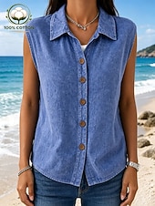  Damen-Tanktop aus 100 % Baumwolle, schlicht, Vintage-Stil, ärmellos, Hemdkragen, normale Passform, lässig, für Alltag, Sommer, Frühling