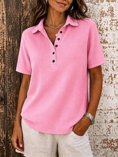  Femmes Tunique Boutons Couleur Unie ancien Élégant Classique Manche Courte Col de chemise Hauts Longs Occasionnel Quotidien Bleu Noir Blanche Rose Claire Rouge Été Printemps