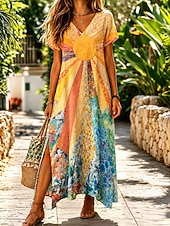  Femmes Robe Midi Robe T-Shirt Robe trapèze Occasionnel Coupe régulière Fleuri Graphique Manche Courte Col en V Bleu Rose Claire Violet Orange Été Printemps