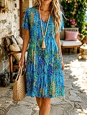 Χαμηλού Κόστους Boho φορέματα-Γυναικεία Φόρεμα μέχρι το γόνατο Κοντομάνικο φόρεμα Φόρεμα σε γραμμή Α Διακοπές Καθημερινό Μπόχο Παραλία Κανονικό Φλοράλ Γραφική Κοντομάνικο Λαιμόκοψη V Θαλασσί Ρουμπίνι Πορτοκαλί Καλοκαίρι Άνοιξη