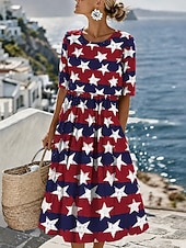 cheap Independence Day Dress-American Independence Day Women's Midi Dress A Line Dress Vacation Casual Holiday Regular Fit Graphic Flag Half Sleeve Crew Neck Blue White Dark Red Red Summer Spring