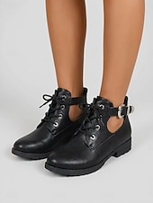 voordelige Botas de combate-Women's Black Cutout Low Heel Combat Boots – Lace-Up Ankle Boots with Adjustable Side Buckle and Durable Non-Slip Sole for Travel and Casual Wear
