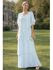 preiswerte Bodenlänge-A-Linie Bodenlang Kleid für Hochzeitsgäste Stufenkleid Abendkleid Brautmutterkleid Kurzarm Wasserfallausschnitt Elegant Formell Hochzeitsgast Semi-Formal Chiffon mit Rüschen Drapierung Stufen