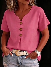  Mujer Camisa Blusa Moda Manga Corta Escote en Pico Tops regulares Casual Blanco Bleu Ciel Verde Trébol Azul Oscuro Rosa Rojo Verano Primavera