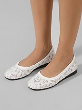 cheap Women's Flats-Women's White Floral Mesh Ballet Flats – Breathable Lightweight Walking Shoes with Cushioned Comfort for Vacation Travel, Garden Parties and Everyday Wear