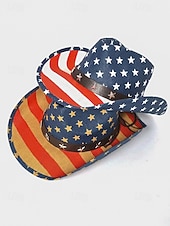  Patriotischer Western-Cowboyhut für Herren, Strohhut aus Polyester mit USA-Flagge und verstellbarem Kinnband, weiß-khakifarbener Sommerhut für Rodeo-Feiern am 4. Juli, dem amerikanischen