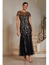  Women's Mermaid Trumpet Cocktail Dress Wedding Guest Dress Ankle Length Crew Neck Short Sleeve Illusion Sleeve High Waist Elegant Vintage 1980s Mother Of The Bride Party Semi Formal with Mesh Tulle