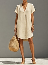  Femmes Robe Longueur Genou Robes en lin ancien Quotidien Mince Uni Manche Courte Col en V Kaki Rouge Orange Été