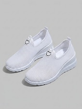 abordables Zapatillas de mujer-Zapatillas de mujer grises transpirables de malla, sin cordones, para caminar: zapatillas ligeras con cuña para viajar, pasear en verano y para uso casual.