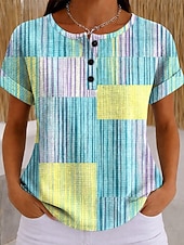  Mujer Camiseta Bloque de Color Estampado Graphic Geométrico Plaid Vintage Elegante Clásico Manga Corta Cuello Barco Tops largos Casual Diario Azul Piscina Rosa Naranja Verde Trébol Verano Primavera